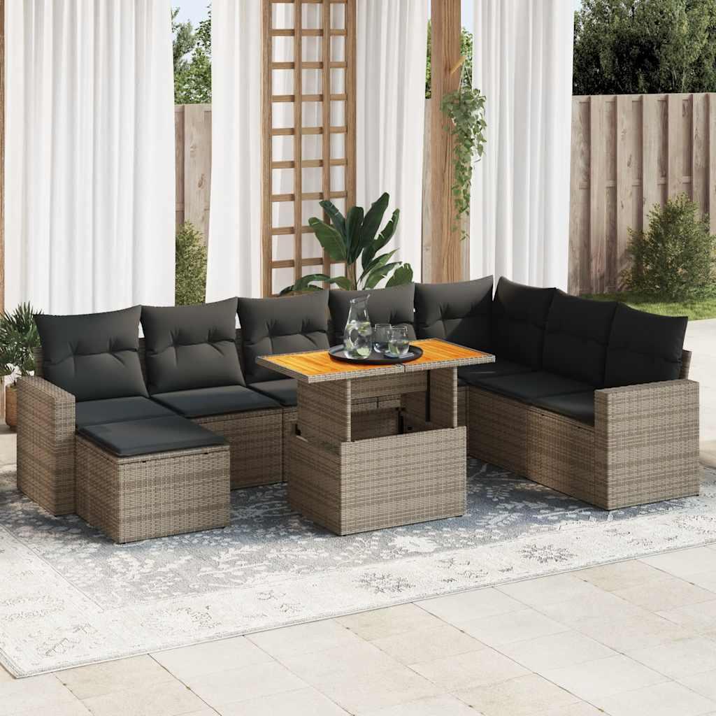 Sofasæt til haven - 9 dele i grå polyrattan med hynder og hæve/sænkebord