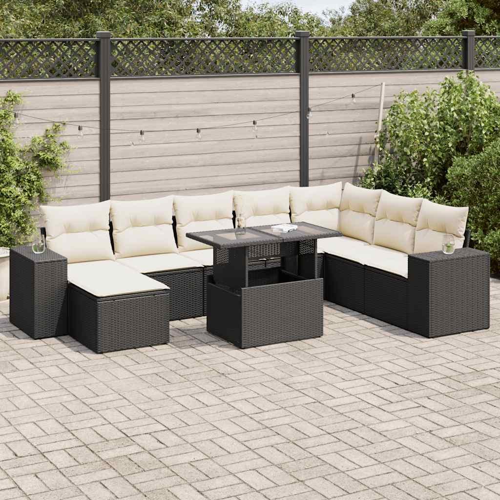 Sofasæt til haven i polyrattan - 9 dele med hynder, sort