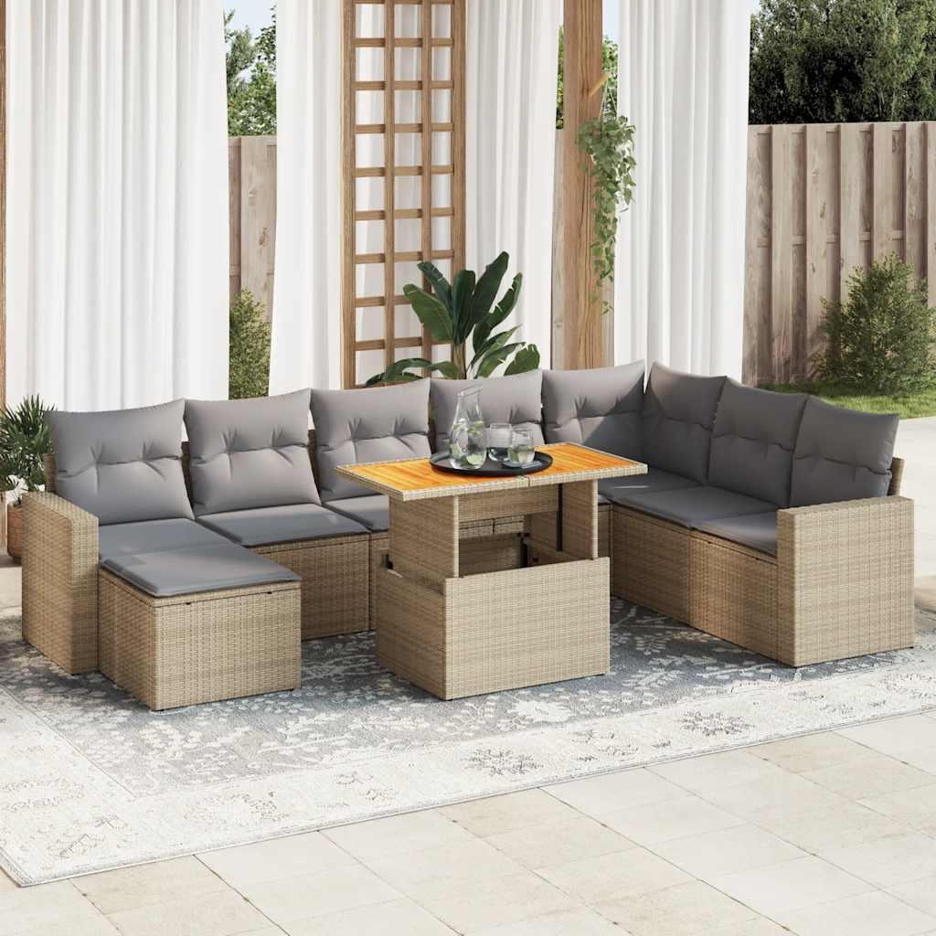 Havesofasæt 9 dele med hynder i polyrattan - beige
