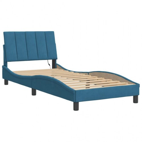 Sengeramme med LED Hanko 90 x 190 cm uden madras - blå velour