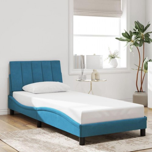 Sengeramme med LED Hanko 90 x 190 cm uden madras - blå velour