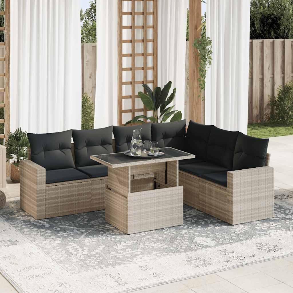 Sofasæt Til Haven 7 Dele Med Hynder Polyrattan Sort - Lysegrå / med opbevaring