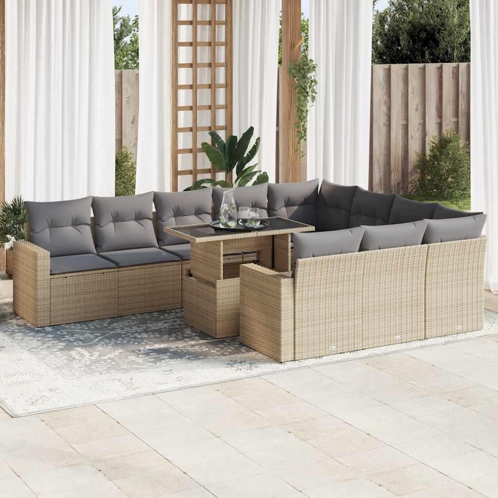 Sofasæt til haven i polyrattan - 11 dele med hynder, beige