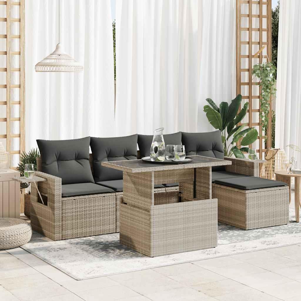 vidaXL sofasæt til haven 6 dele med hynder polyrattan lysegrå