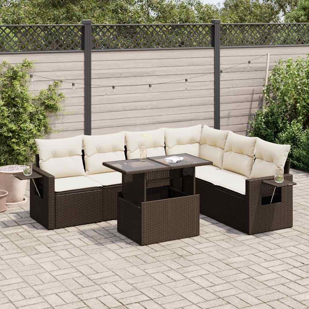 Sofasæt Til Haven 7 Dele Med Hynder Polyrattan - Brun og cremefarvet / med opbevaring