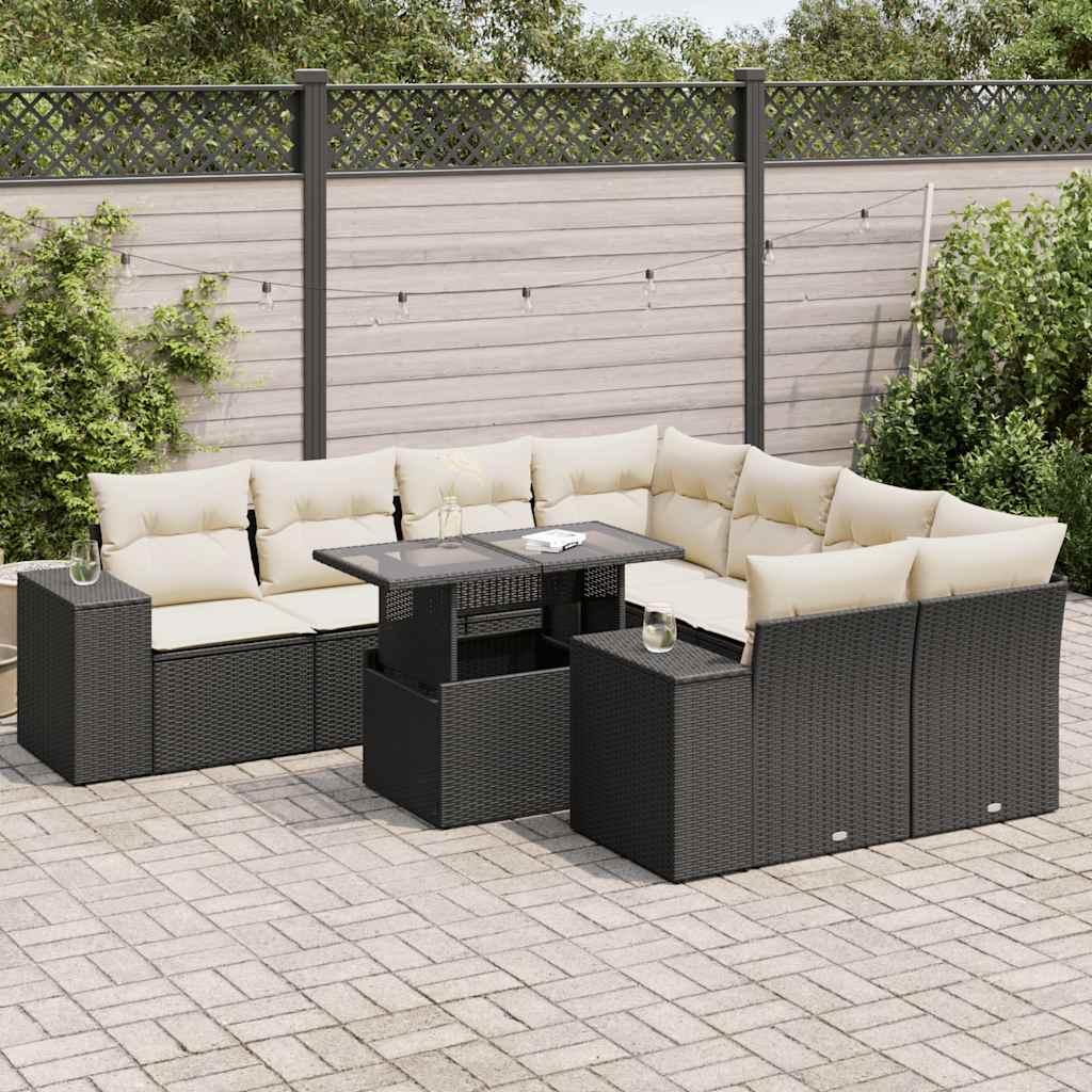 Sofasæt til haven i polyrattan - 9 dele med hynder, sort