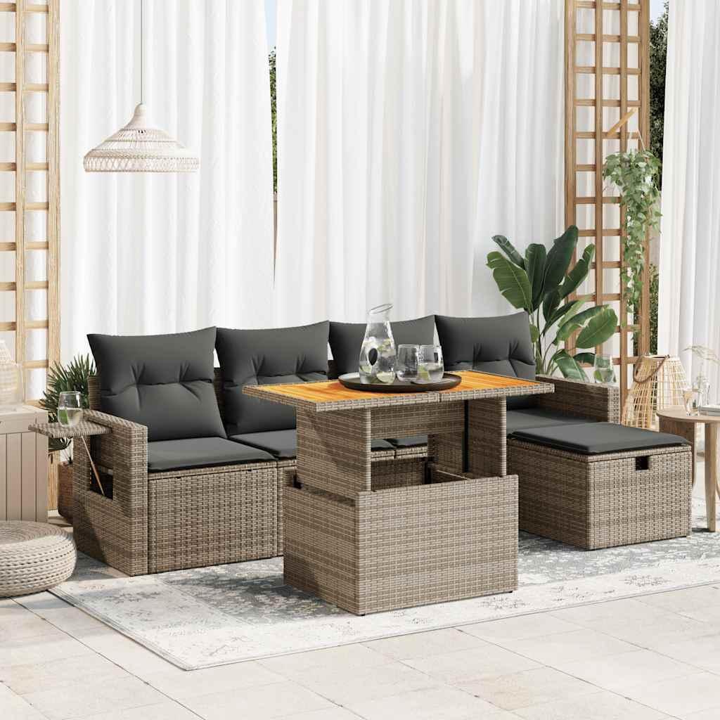 Sofasæt til haven - 6 dele med hynder i polyrattan og akacietræ, grå