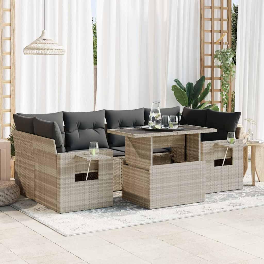 Havesofasæt i polyrattan, 7 dele med hynder - lysegrå