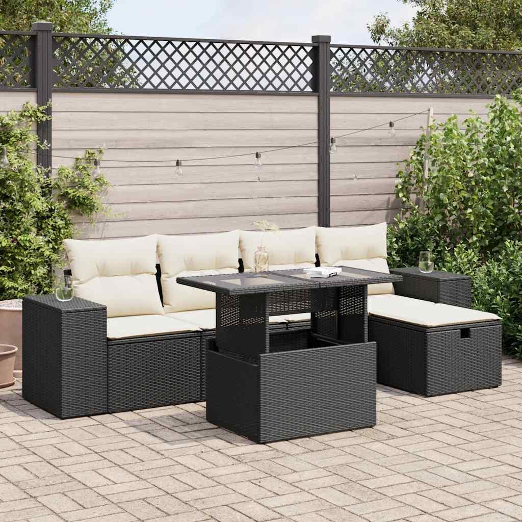 Sofasæt til haven i polyrattan - 6 dele med hynder, sort