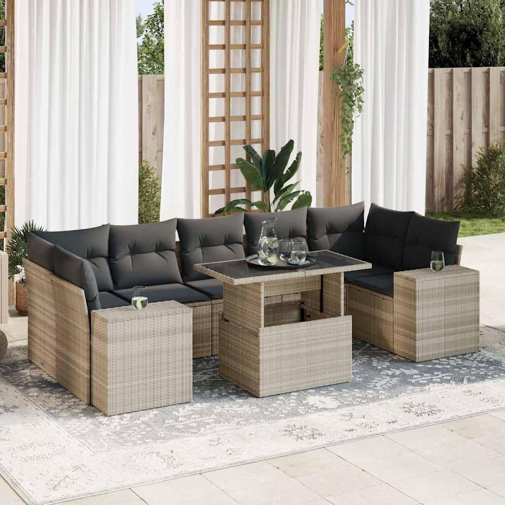 Sofasæt Til Haven 8 Dele Med Hynder Polyrattan Sort - Lysegrå / med opbevaring