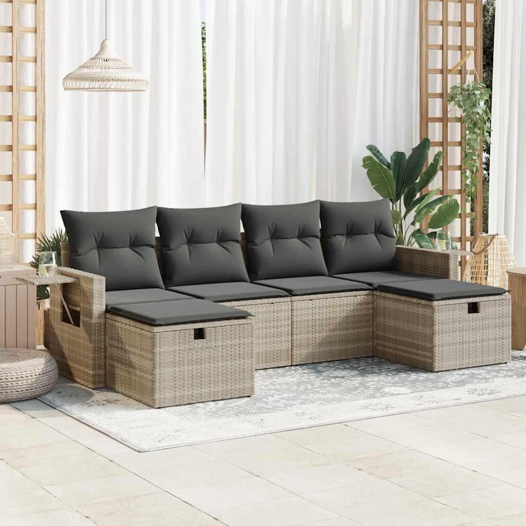 vidaXL sofasæt til haven 6 dele med hynder polyrattan lysegrå