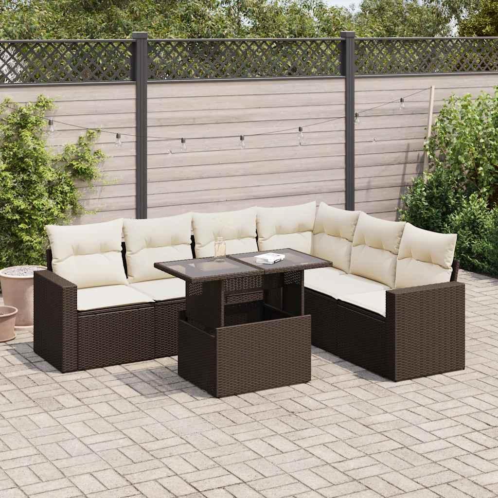 Sofasæt Til Haven 7 Dele Med Hynder Polyrattan Sort - Brun og cremefarvet / med opbevaring
