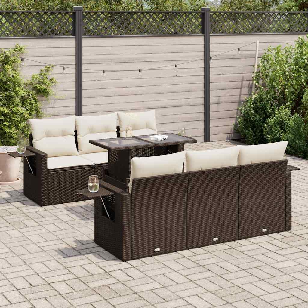 Sofasæt til haven i polyrattan - 7 dele med hynder, brun