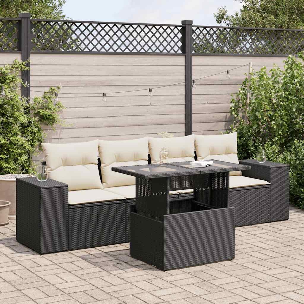 Sofasæt Til Haven 5 Dele Med Hynder Polyrattan - Sort og cremefarvet / med opbevaring