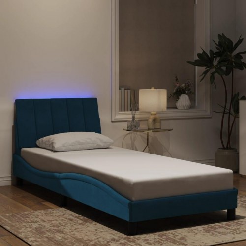 Sengeramme med LED Hanko 90 x 200 cm uden madras - blå velour