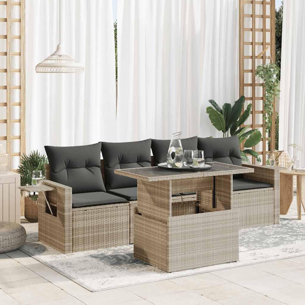 Sofasæt 5 dele med hynder polyrattan lysegrå