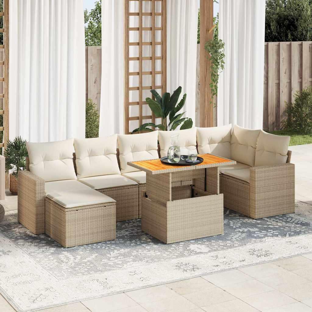 Sofasæt Til Haven 8 Dele Med Hynder Polyrattan - Beige og cremefarvet / 3X hjørnedel + 3x midterdel + bord + fodskammel
