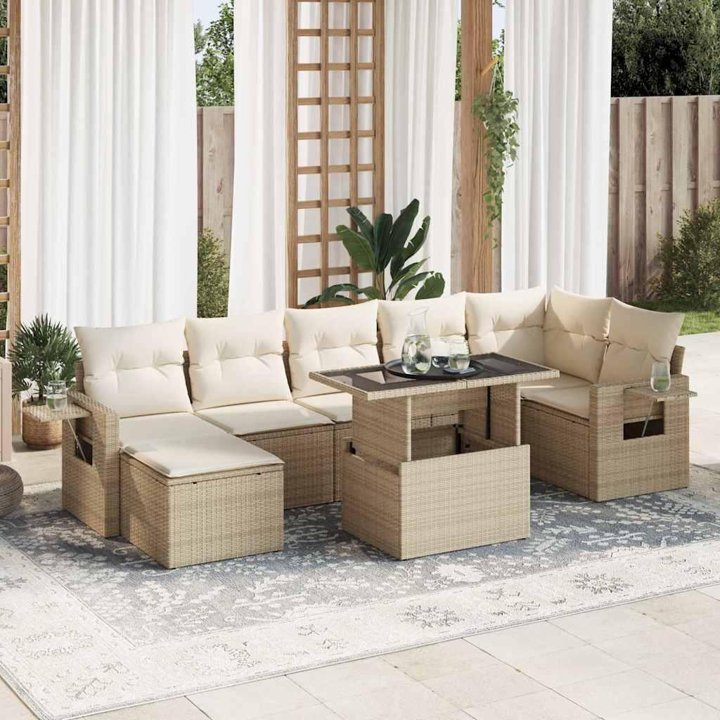 Sofasæt Til Haven 8 Dele Med Hynder Polyrattan - beige og cremefarvet / med opbevaring