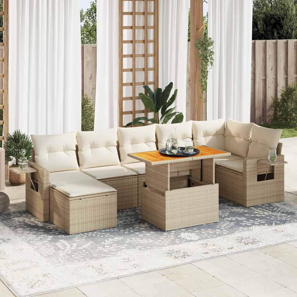 Sofasæt Til Haven 8 Dele Med Hynder Polyrattan - Beige og cremefarvet / Bord + 3x hjørnedel + 3x midterdel + fodskammel