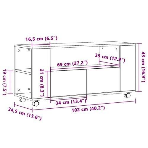 Tv-bord med hjul 102x34,5x43 cm konstrueret træ kunsteg