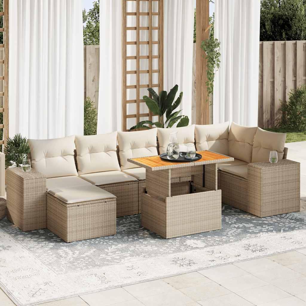 Sofasæt Til Haven 8 Dele Med Hynder Polyrattan - Beige og cremefarvet / 3X hjørnedel + bord + 3x midterdel + fodskammel