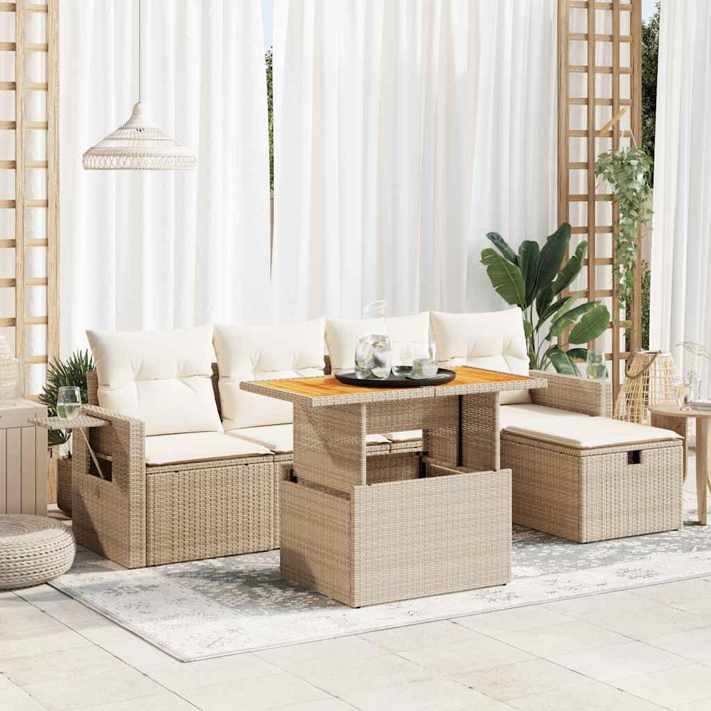vidaXL sofasæt til haven 6 dele med hynder polyrattan akacietræ beige