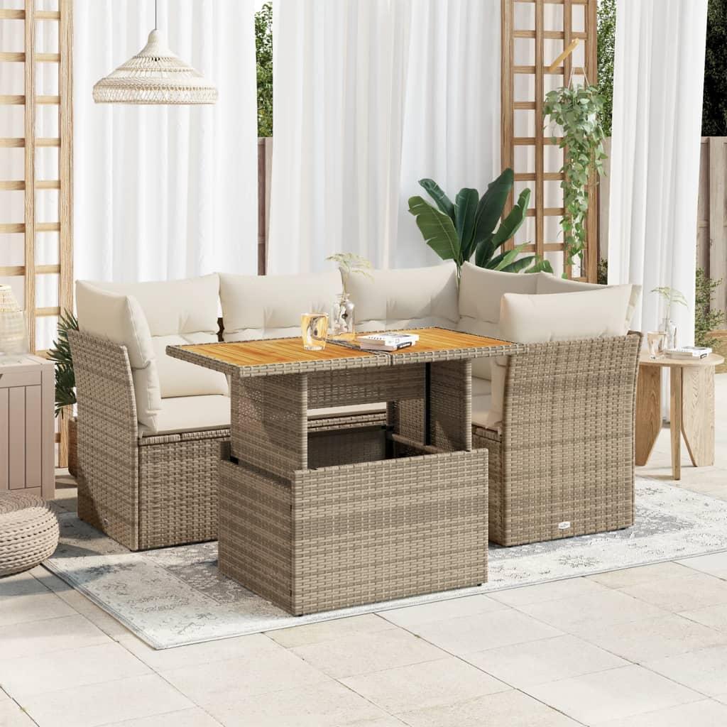 Havesofasæt i polyrattan 5 dele med hynder og opbevaring - beige