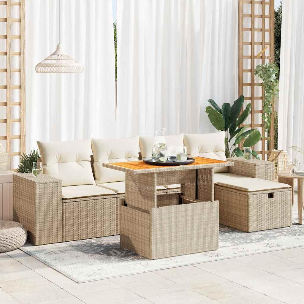 vidaXL sofasæt til haven 6 dele med hynder polyrattan akacietræ beige