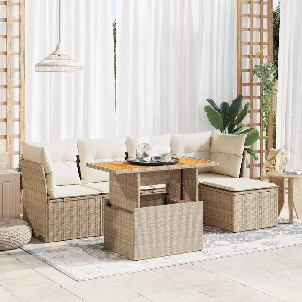 Havesofasæt 6 dele med hynder og opbevaring i polyrattan beige