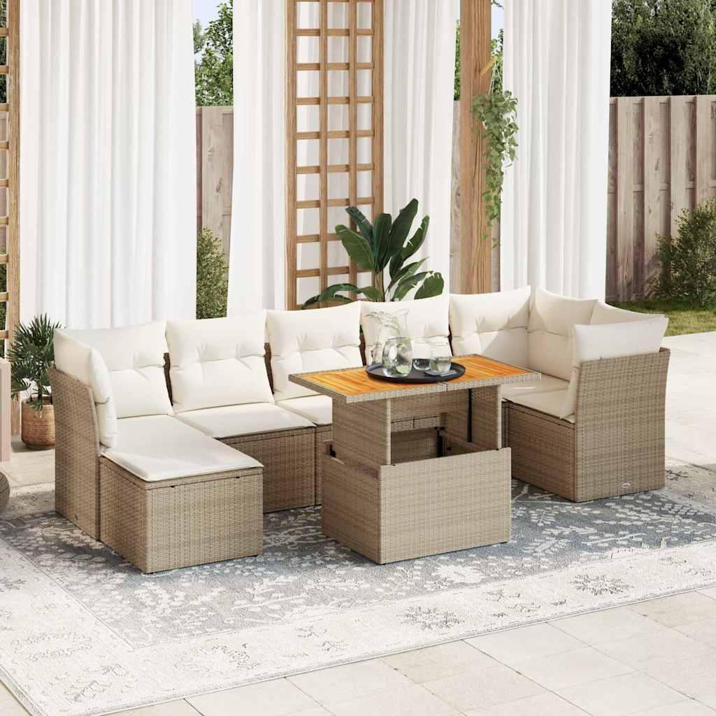 Havesofasæt i polyrattan, 8 dele med hynder - beige