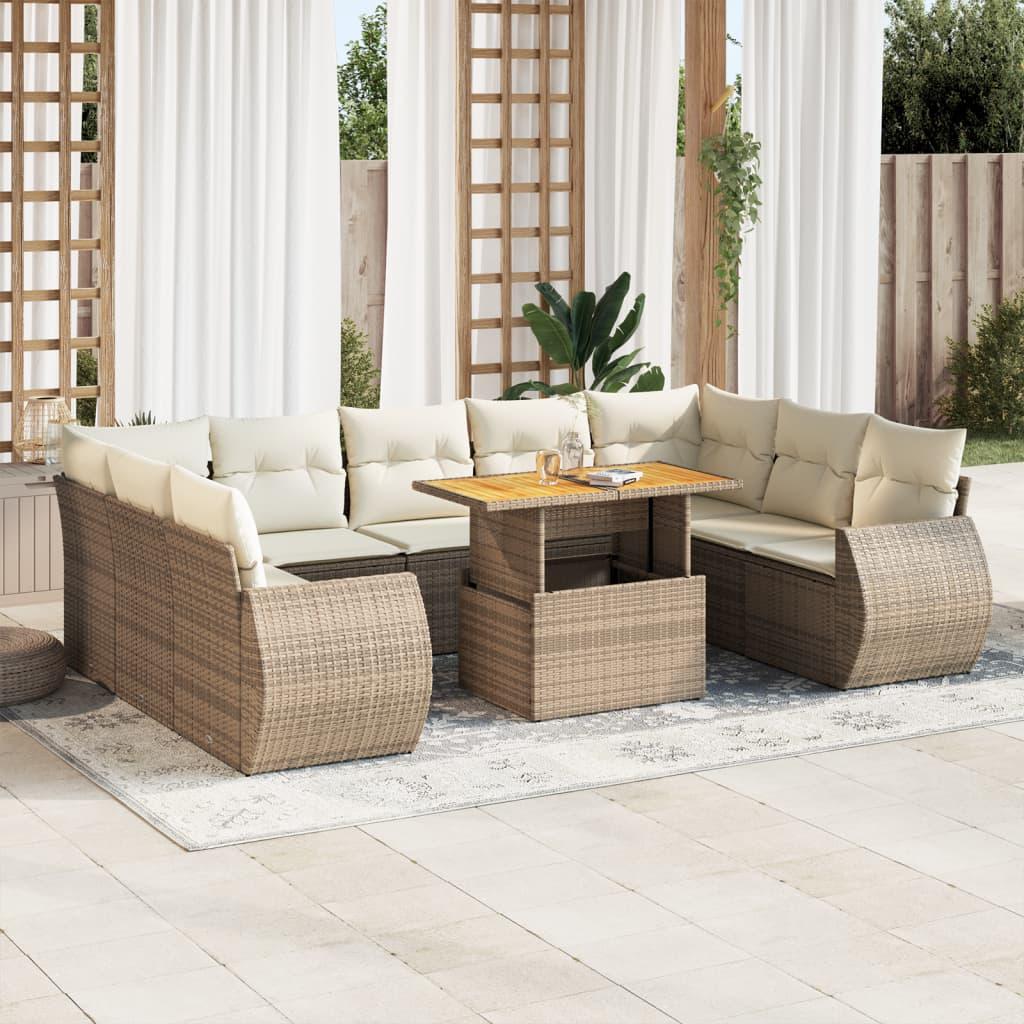 Sofasæt Til Haven 10 Dele Med Hynder Polyrattan - Beige / Bord + 4x hjørnedel + 5x midterdel