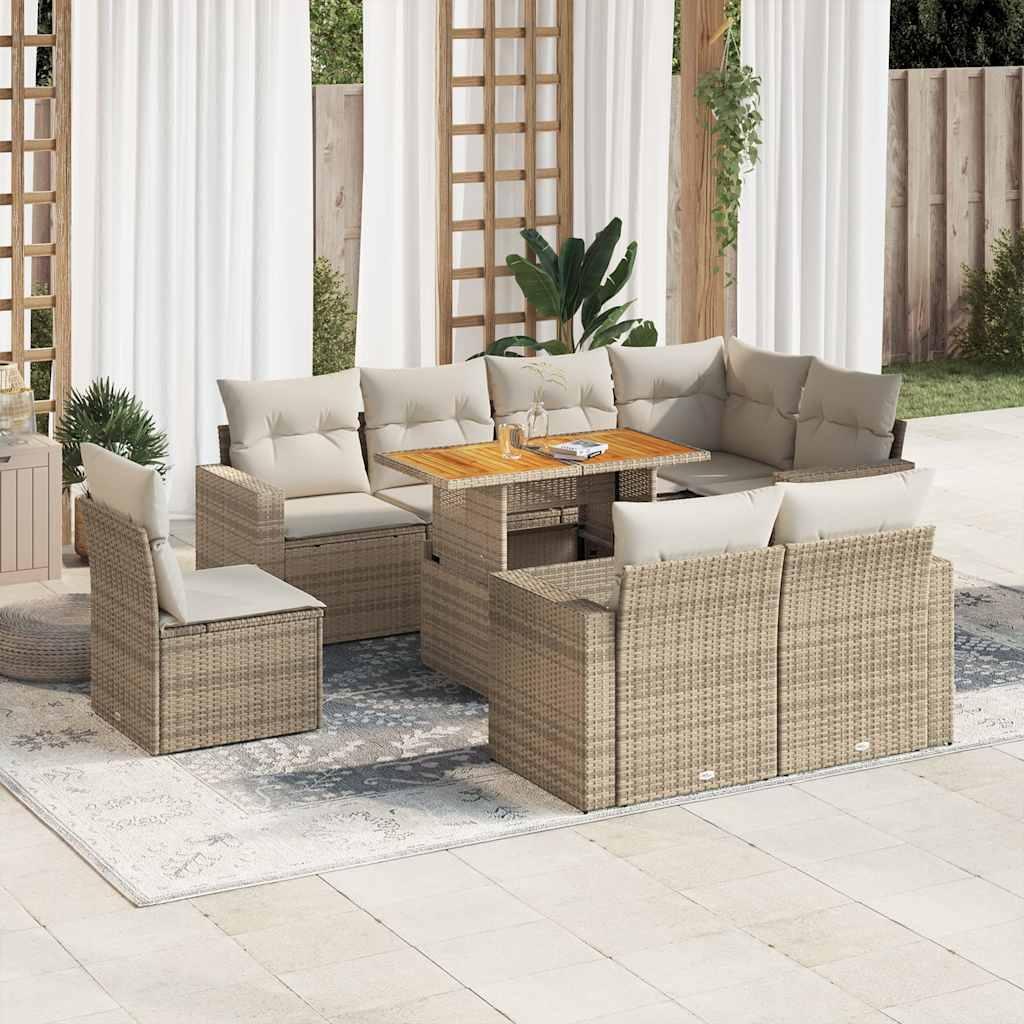 Sofasæt Til Haven 9 Dele Med Hynder Polyrattan - Beige og cremefarvet / 3X midterdel + 5x hjørnedel + bord