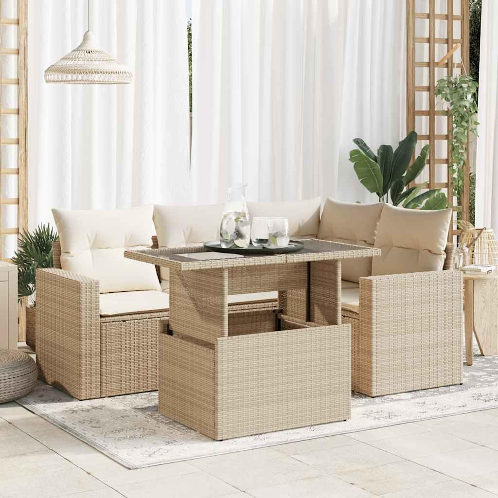 Sofasæt til haven 5 dele med hynder og løftebord i polyrattan - beige