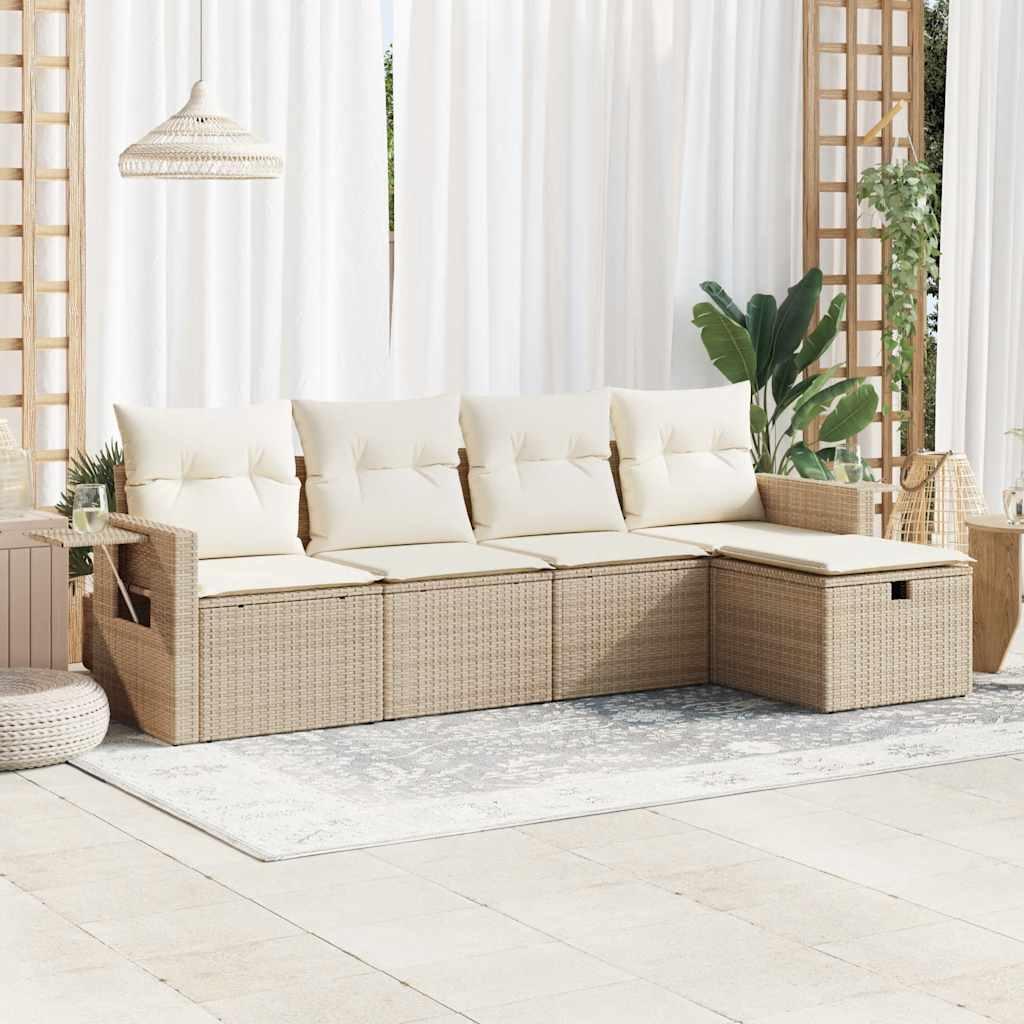 Havesofasæt i polyrattan 5 dele med hynder og opbevaring - beige
