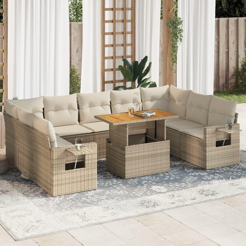 Sofasæt Til Haven 10 Dele Med Hynder Polyrattan - Beige og cremefarvet / 4X hjørnedel + bord + 5x midterdel