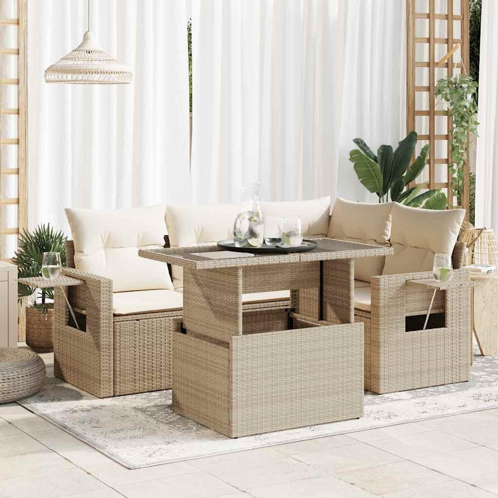 Sofasæt til haven 5 dele i polyrattan med hynder og opbevaring - beige