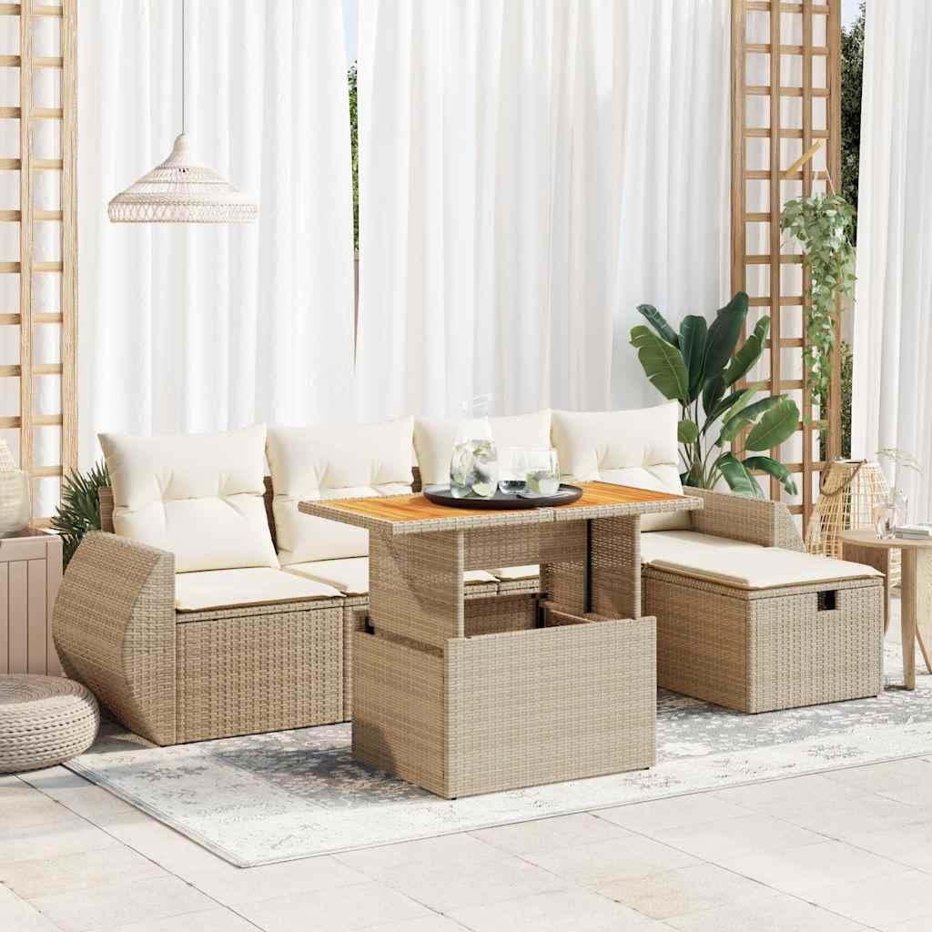 vidaXL sofasæt til haven 6 dele med hynder polyrattan akacietræ beige