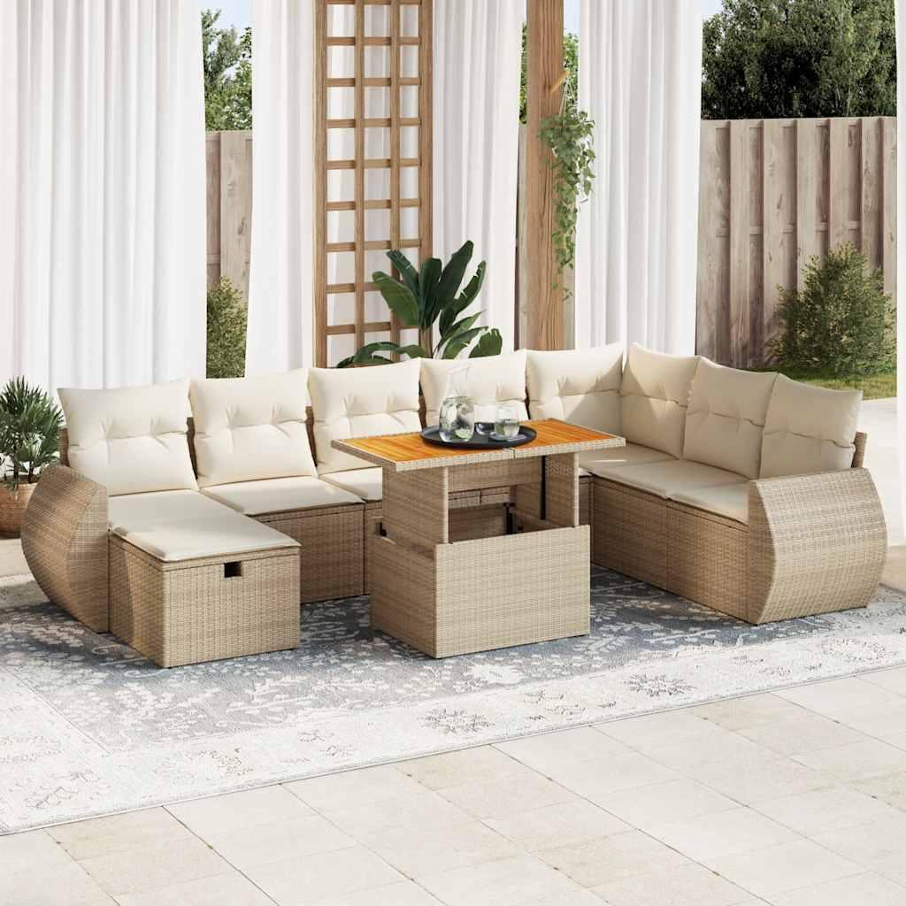 vidaXL sofasæt til haven 9 dele med hynder polyrattan akacietræ beige