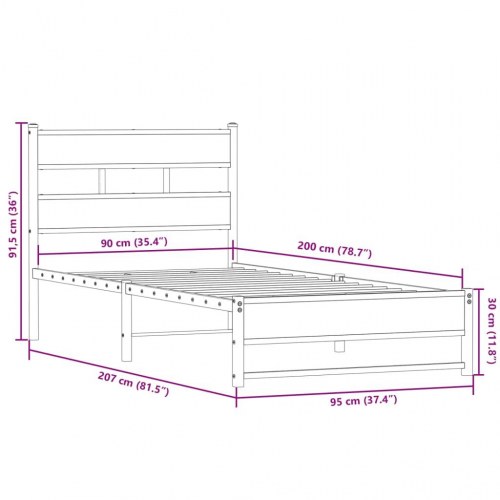Sengeramme uden madras 90 x 200 cm i metal - røget egetræ