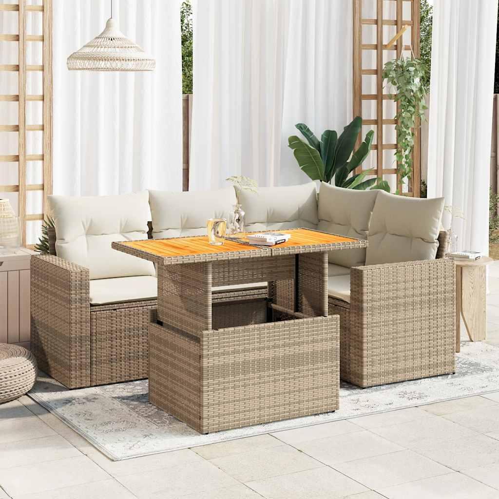 Havesofasæt 5 dele med hynder og opbevaring i polyrattan beige