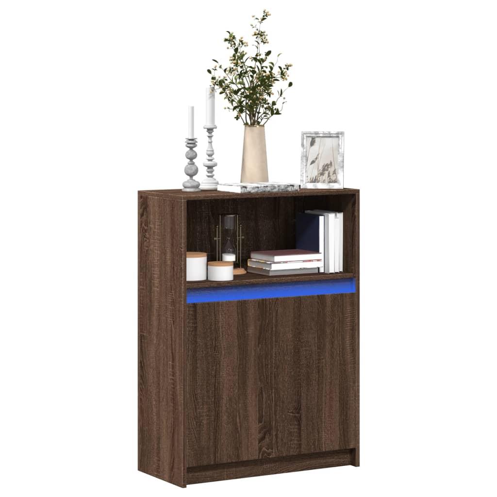 Reol med LED 72x34x100 cm konstrueret træ brun egetræ