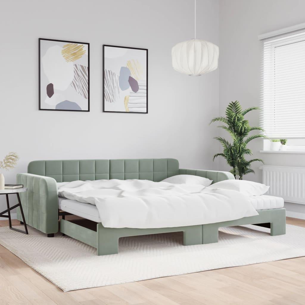 Daybed Velour Lysegrå - med udtræk og madras / 100 x 200 cm