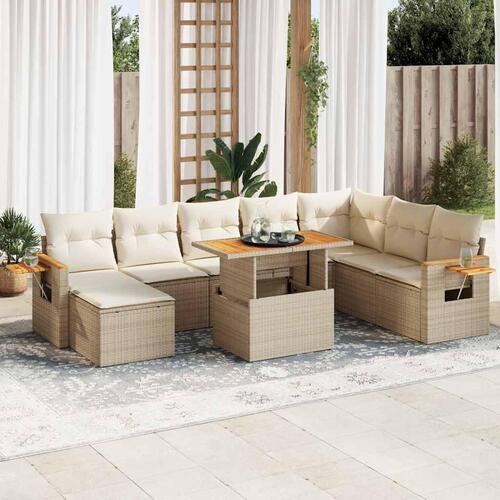Sofasæt til haven 9 dele med hynder polyrattan akacietræ beige