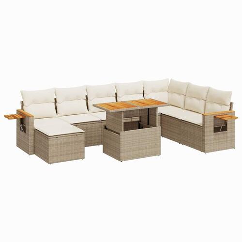 Sofasæt til haven 9 dele med hynder polyrattan akacietræ beige