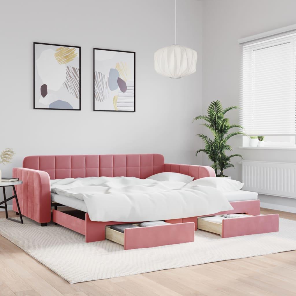Daybed med udtræk og 2 skuffer 100 x 200 cm i velour - lyserød