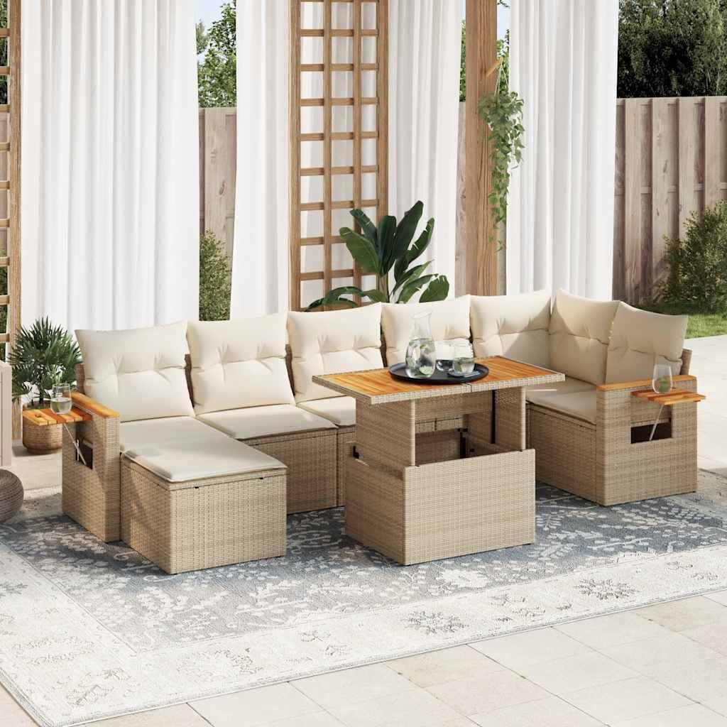 Sofasæt Til Haven 8 Dele Med Hynder Polyrattan Sort - 8 / beige og cremefarvet / med opbevaring