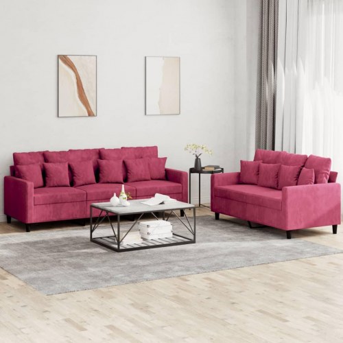 Sofasæt i velour - 2 og 3 pers. med hynder, vinrød
