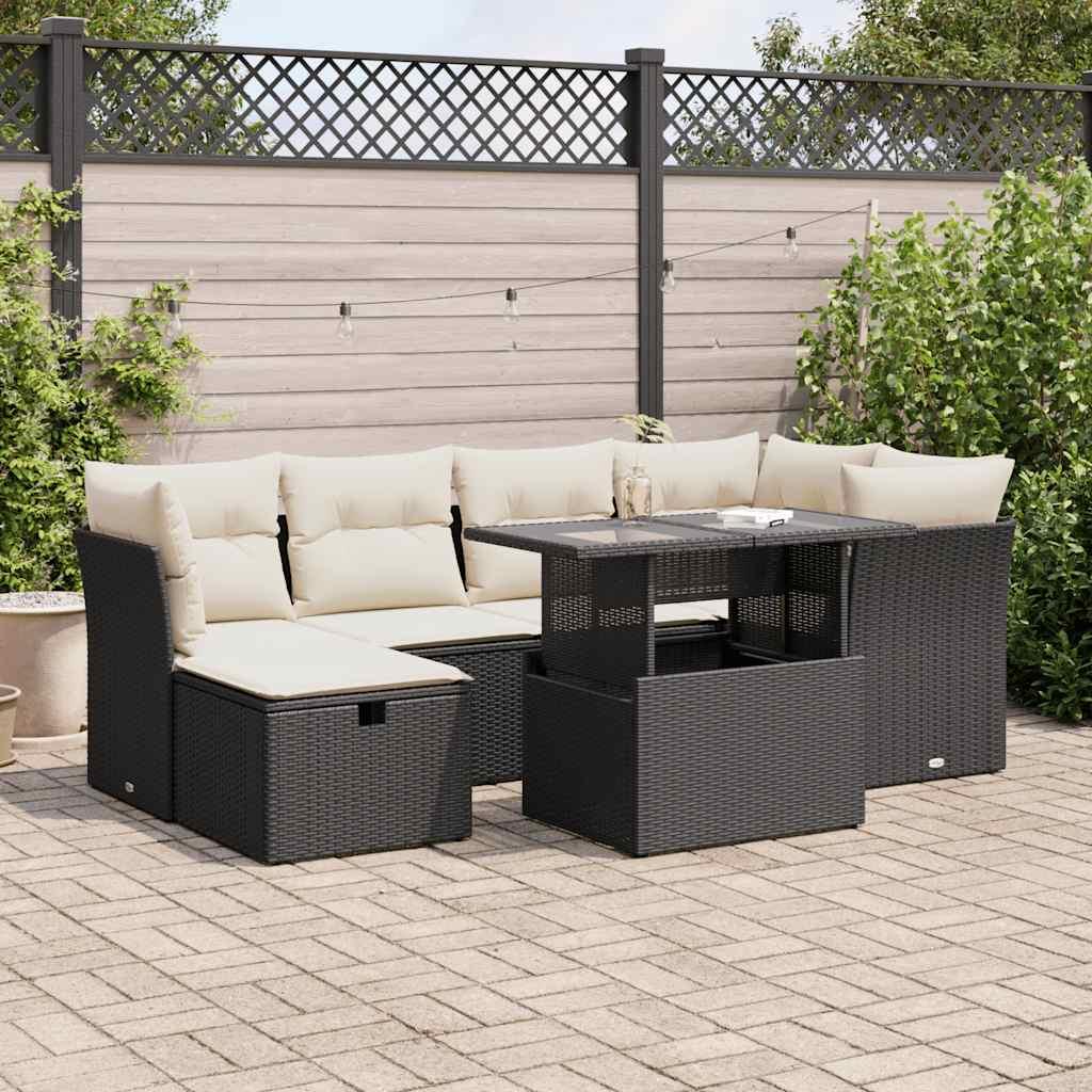 Sofasæt Til Haven 7 Dele Med Hynder Polyrattan Sort - Sort og cremefarvet / med opbevaring