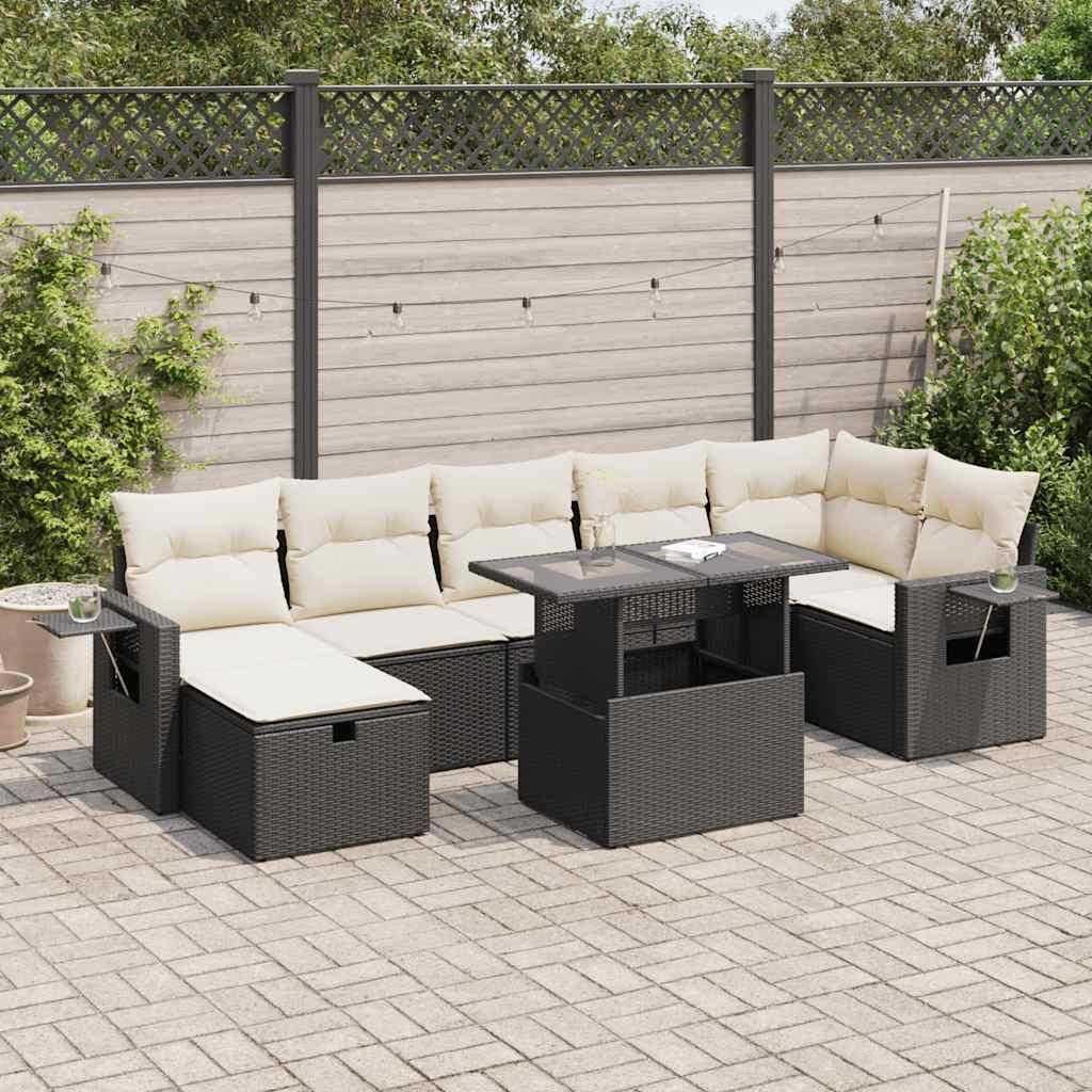 Sofasæt til haven i polyrattan - 8 dele med hynder, sort