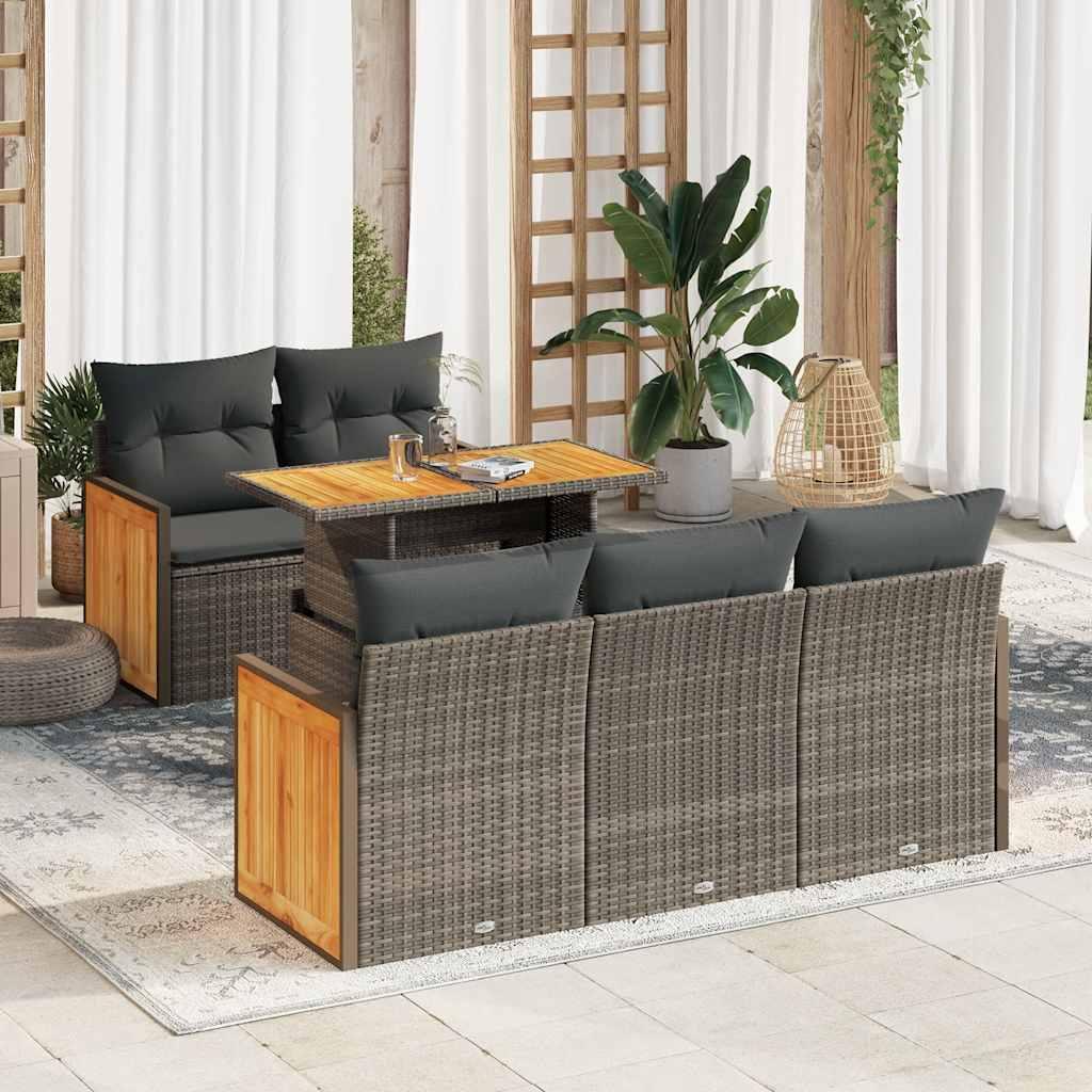 Sofasæt til haven - 6 dele med hynder i polyrattan og akacietræ, grå